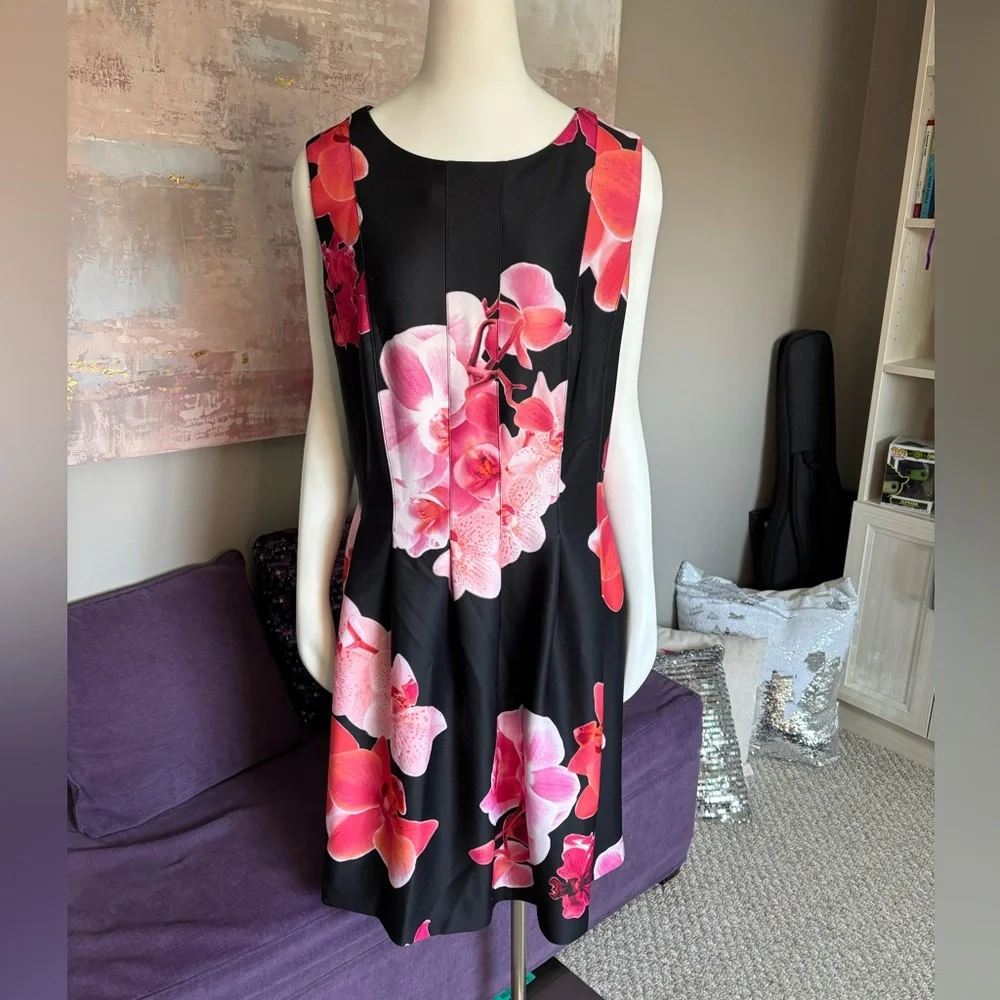 Calvin Klein | Dresses | Calvin Klein Pink And Orange And Black Aline  Pleated Midi Dress Size 8w | Poshmark